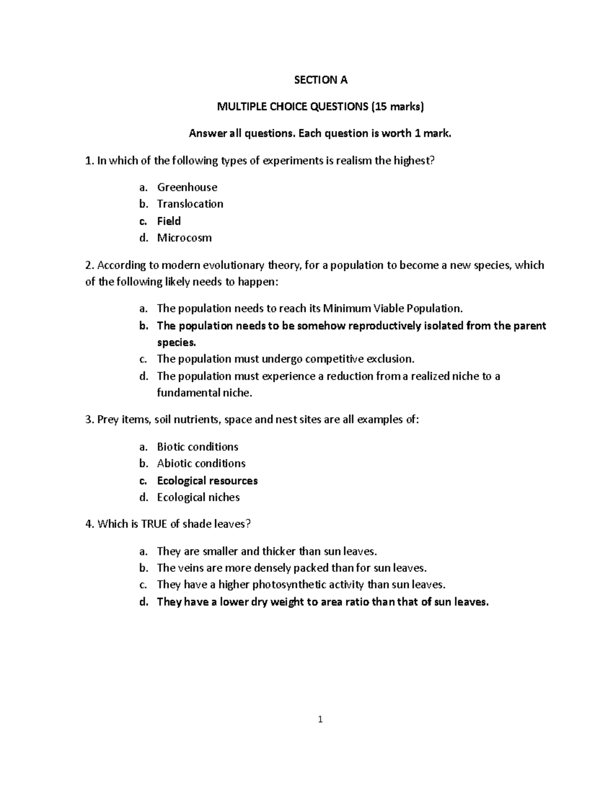 2015 Final exam - SECTION A MULTIPLE CHOICE QUESTIONS (15 marks) Answer ...
