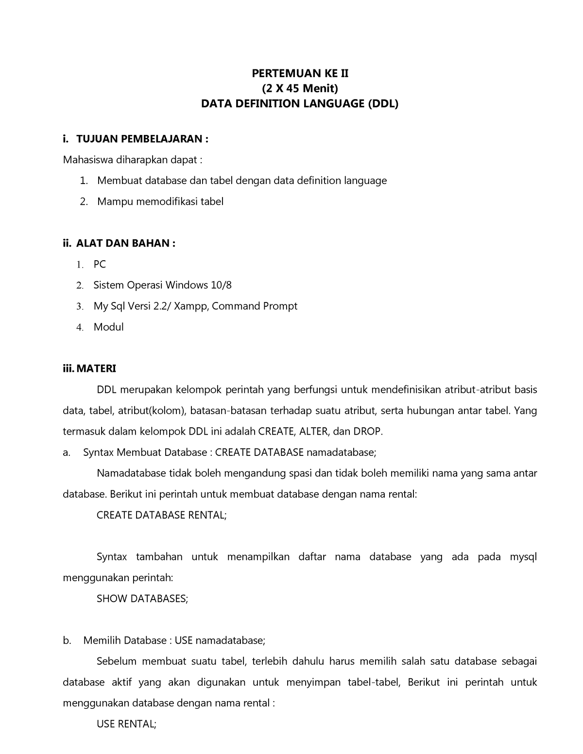 Modul Sbd I Data Definition Language Ddl Pertemuan Ke Ii X Menit Data Definition