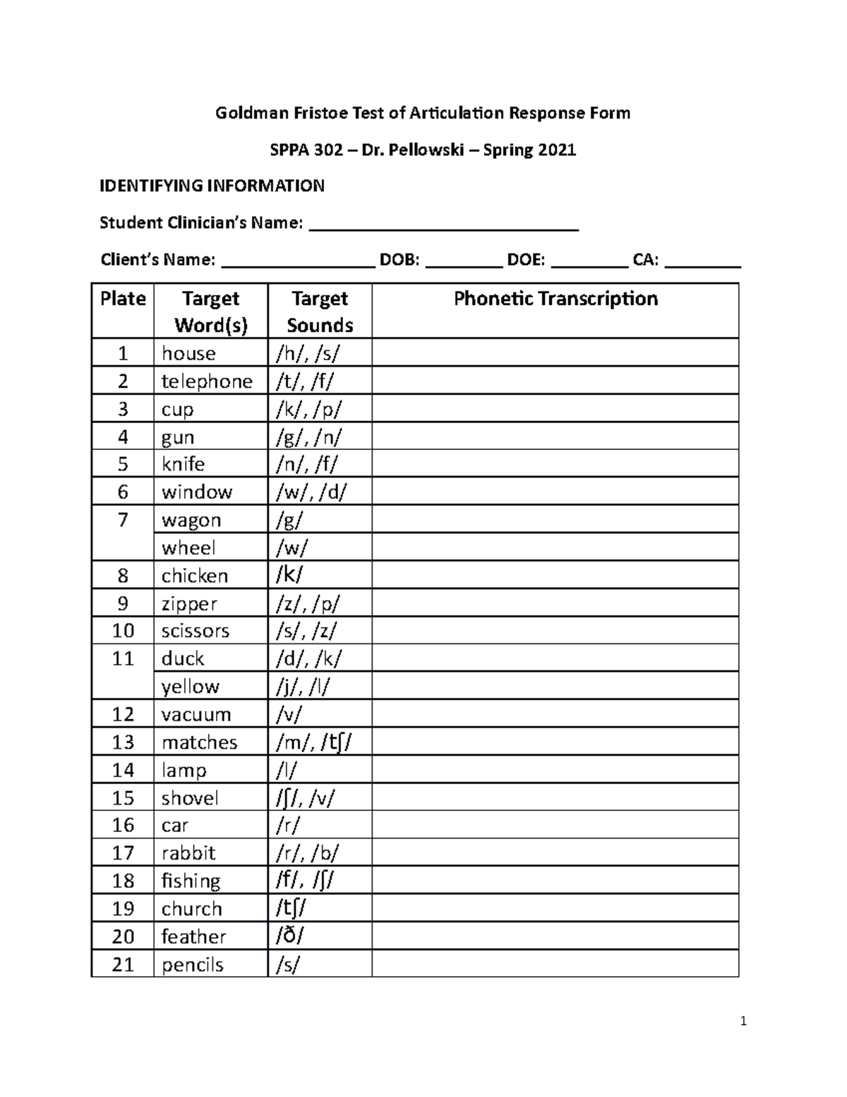 GFTA Response Form Goldman Fristoe Test Of Articulation Response Form