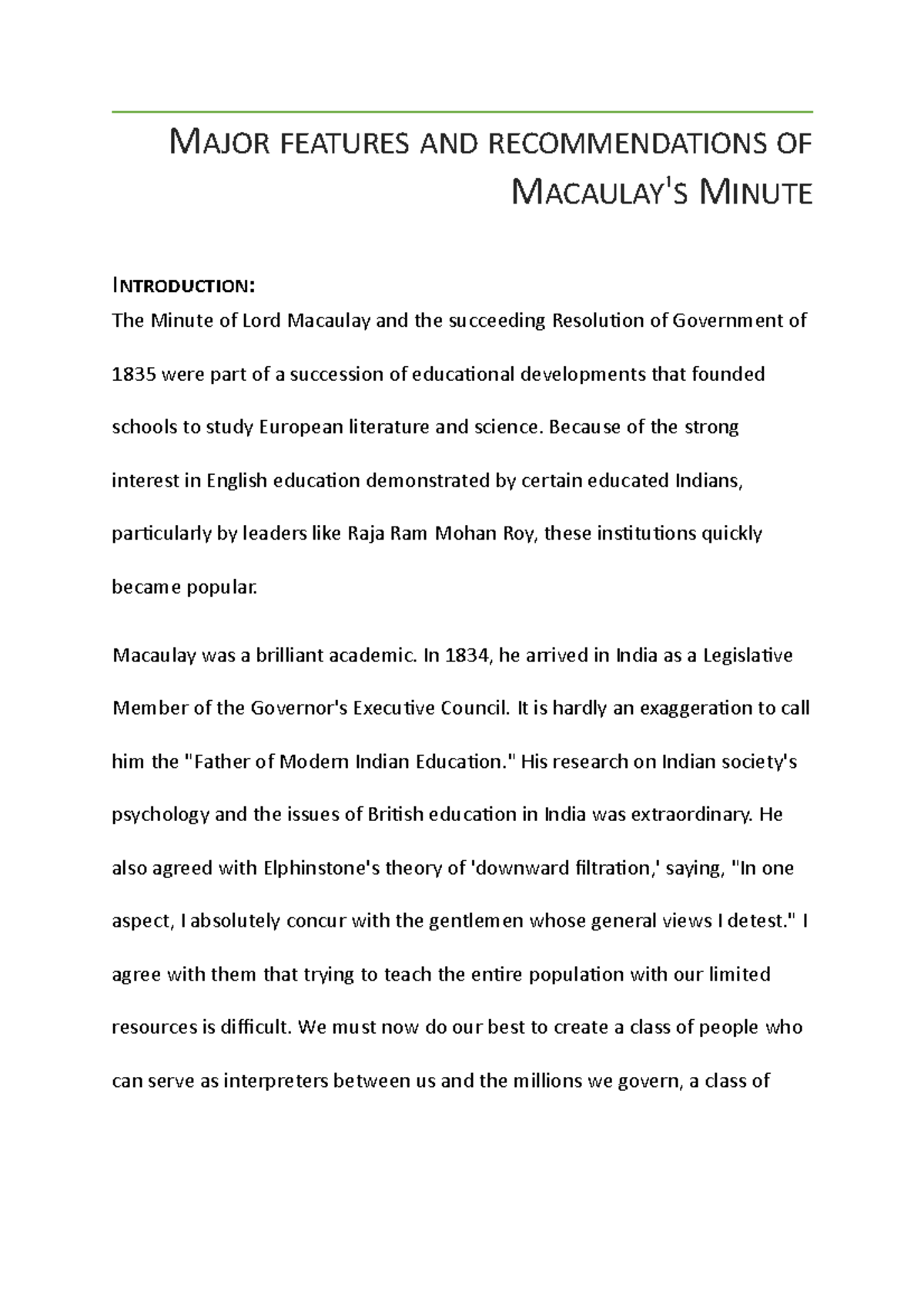 Major Features and of Macaulay's Minute Contemporary