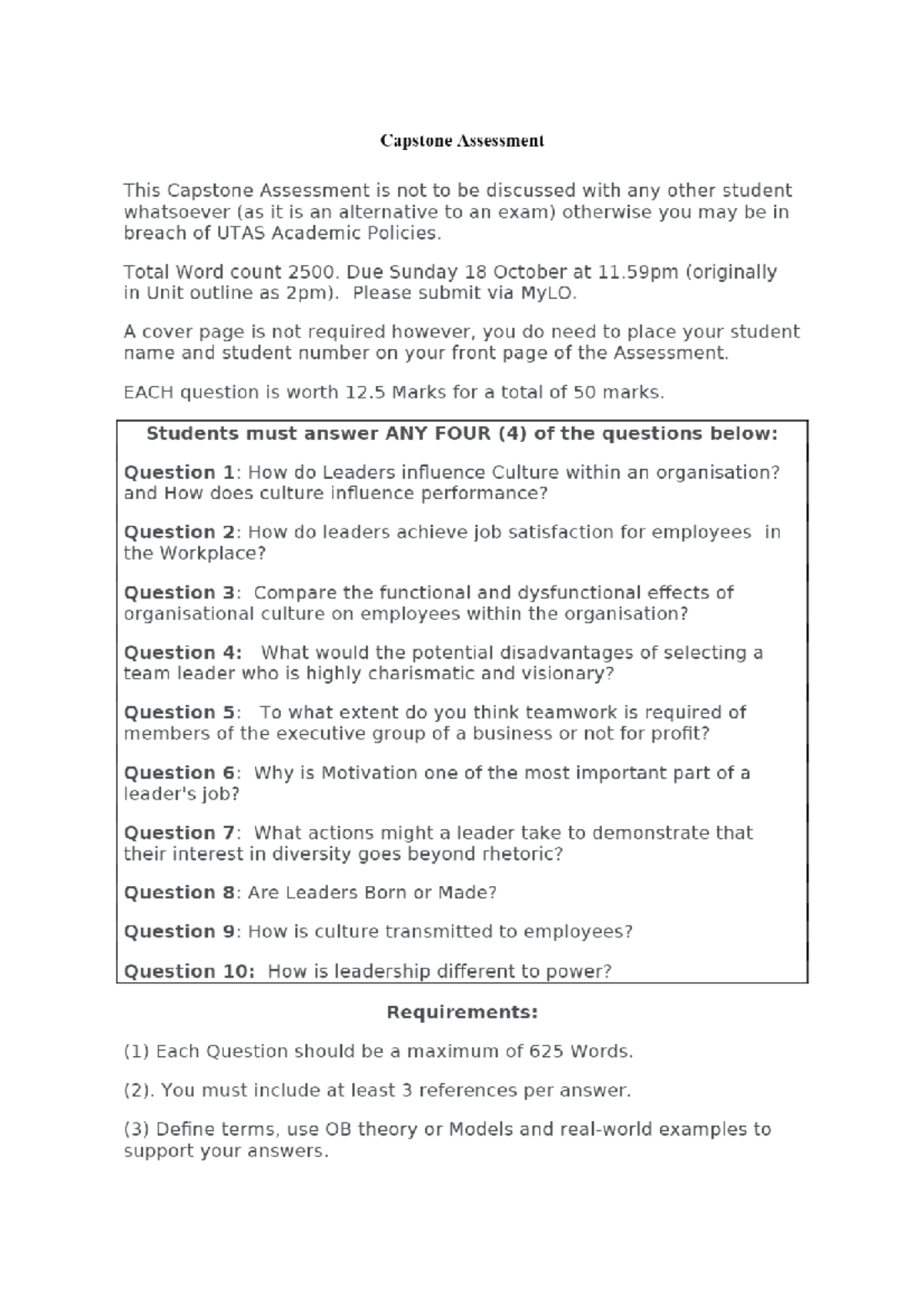 Capstone Report Assessment - BMA547 Organisational Behaviour - Semester ...