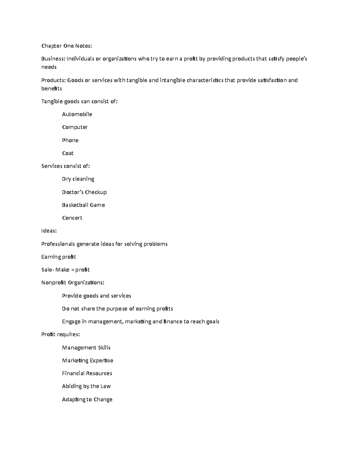 Chapter One Notes - Chapter One Notes: Business: Individuals or ...