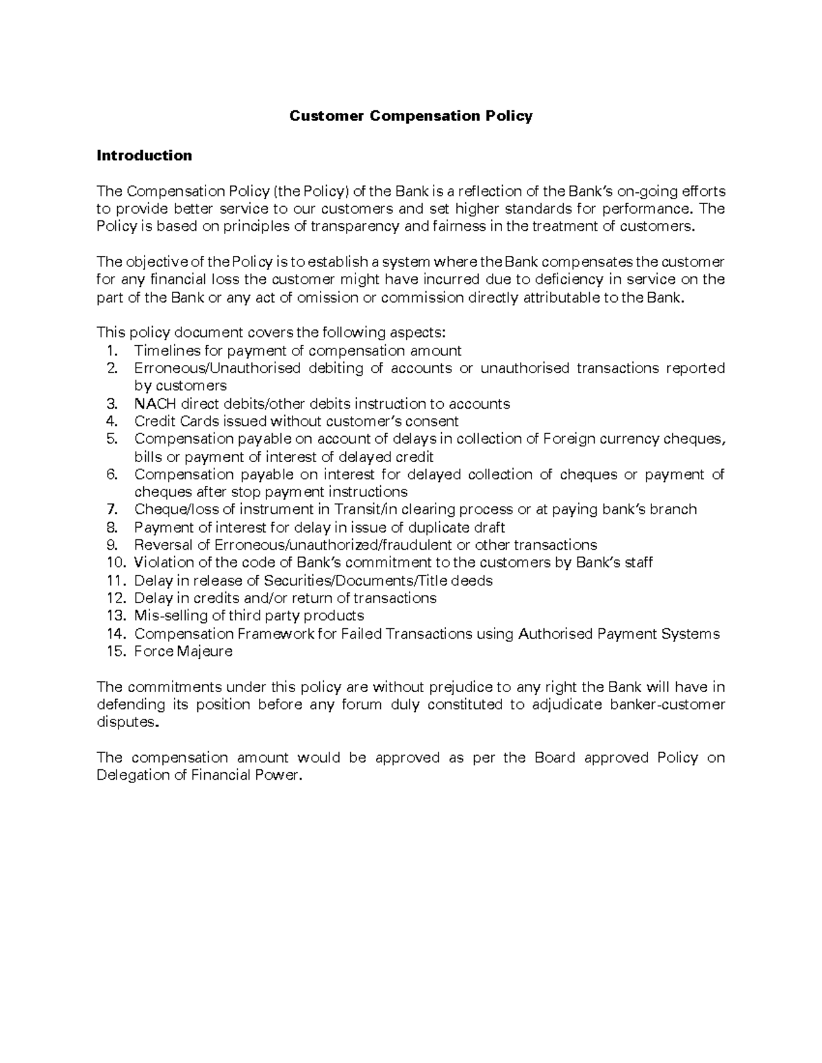 Board Approved Compensation Policy - Customer Compensation Policy ...