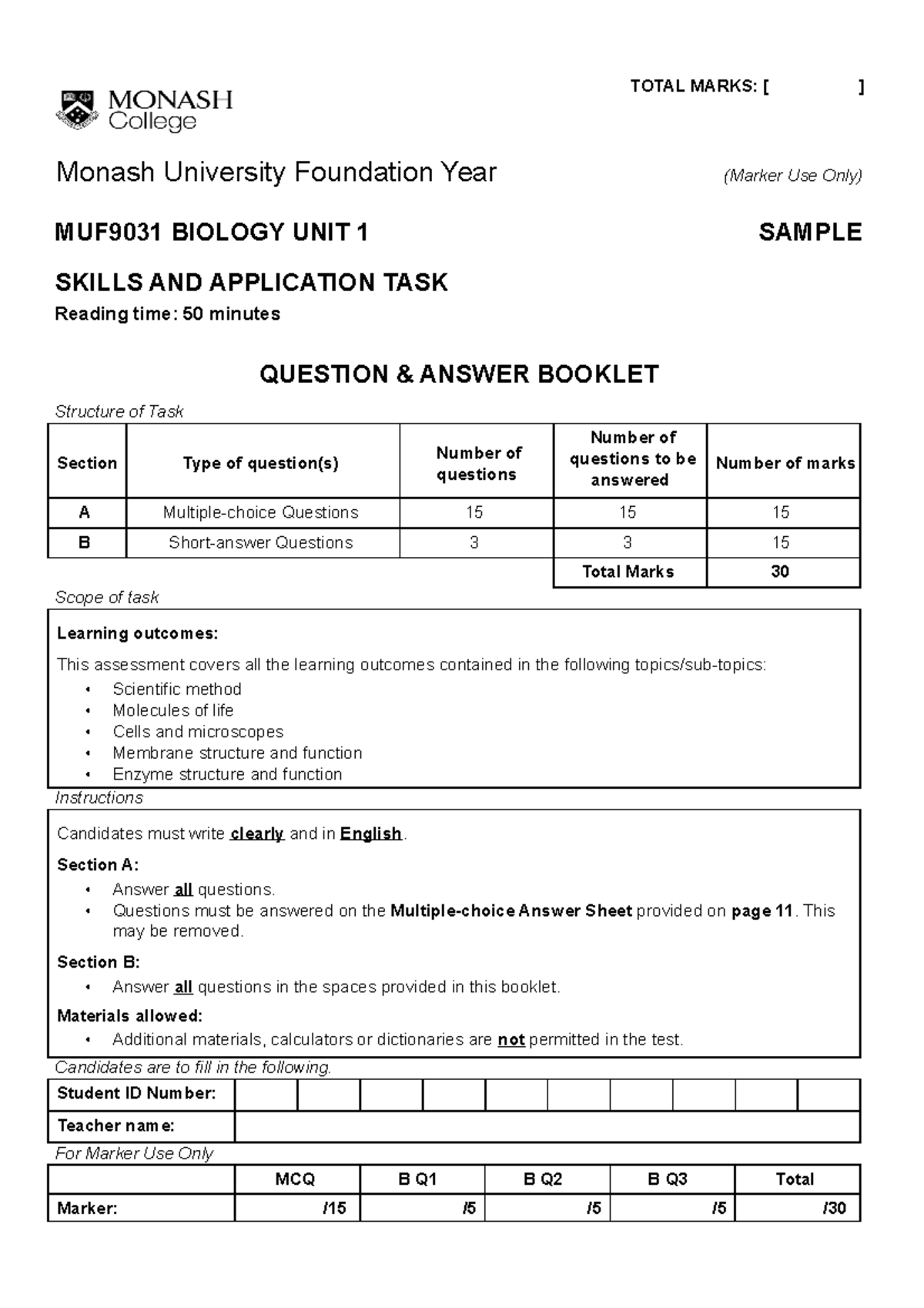 MUF0031 MUFY Biology SAT Sample Paper - ####### TOTAL MARKS: [ ] Monash ...