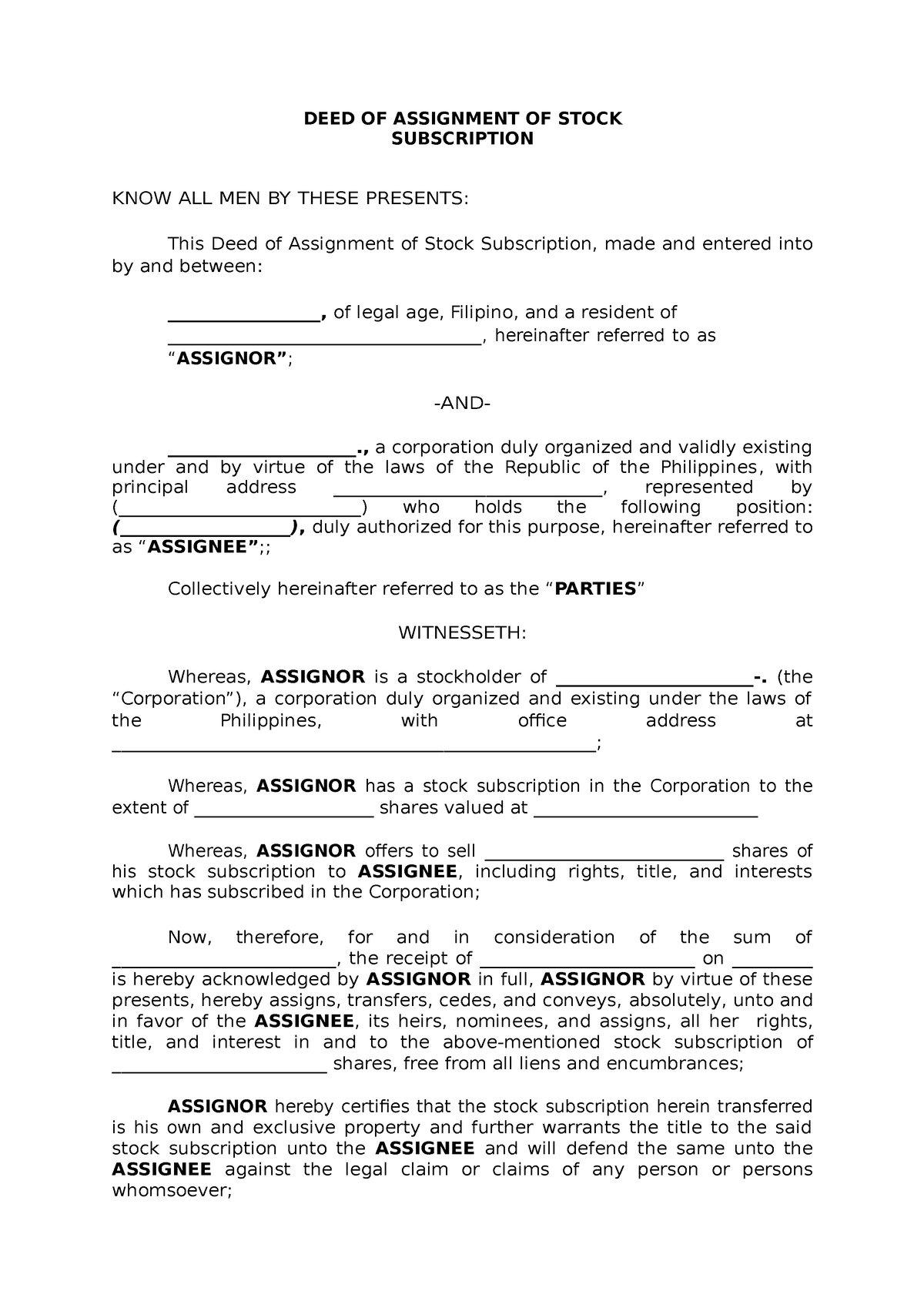deed of assignment transfer of shares