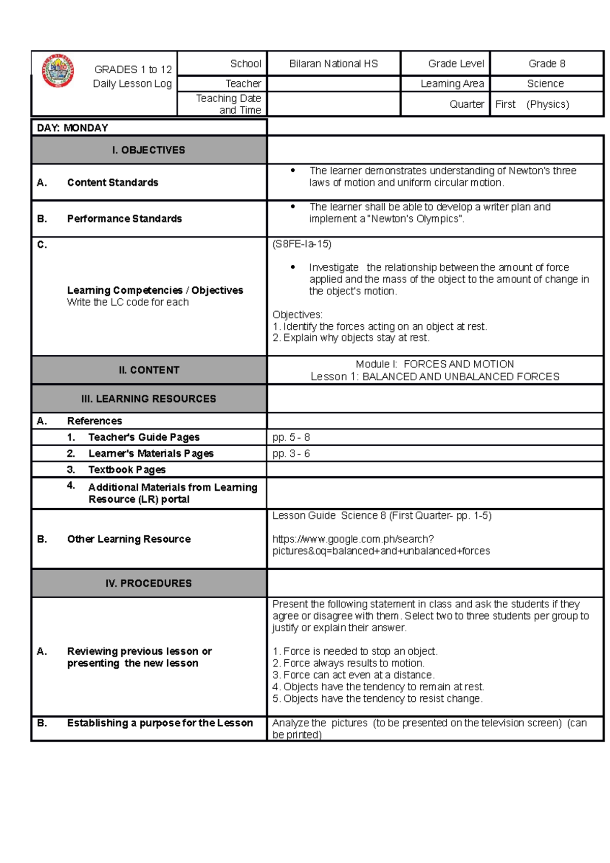 351862075 Dll Grade 8 First Grading Final Copy - GRADES 1 to 12 School ...