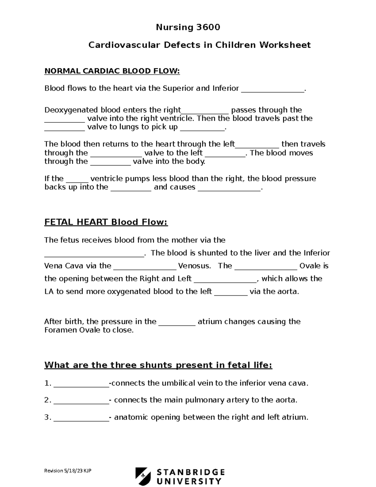 Cardiac Worksheet Updated 5 - Nursing 3600 Cardiovascular Defects in ...