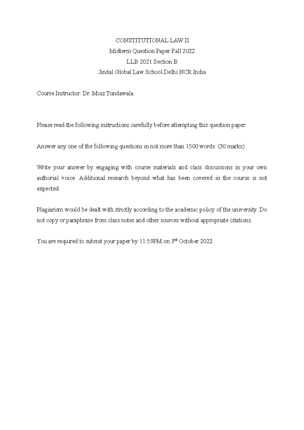 Constitutional Law II Midterm Question Paper Fall 2022 CONSTITUTIONAL