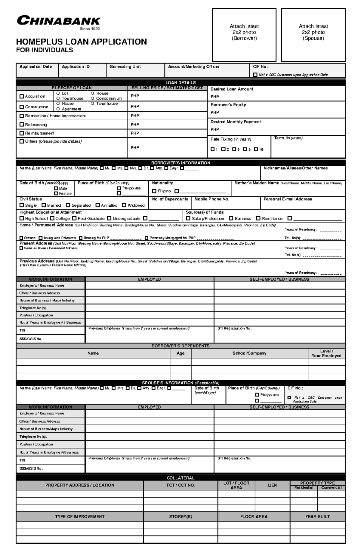 Chinabank Home Plus Loan Application Form - HOMEPLUS LOAN APPLICATION ...