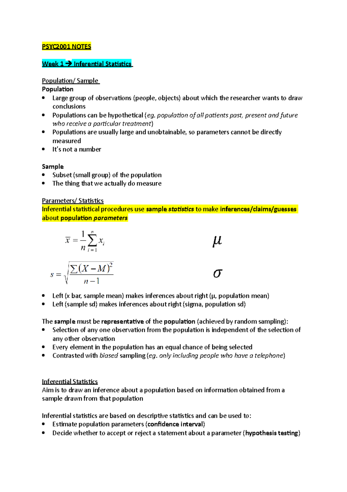 Psyc2001 notes - PSYC2001 NOTES Week 1 Inferential Statistics ...