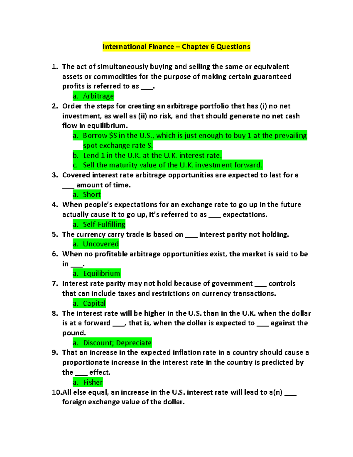 International Finance - Chapter 6 - Questions Pt. 1 & 2 - International ...