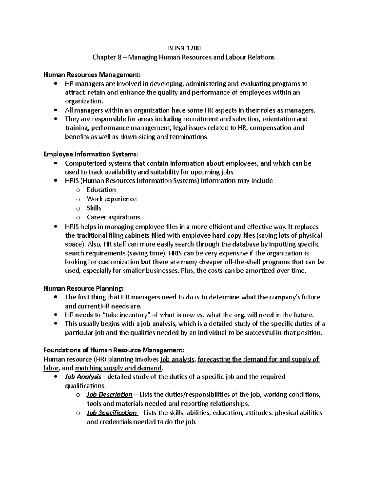 BUSN 1200 - Chapter 8 - BUSN 1200 Chapter 8 – Managing Human Resources ...