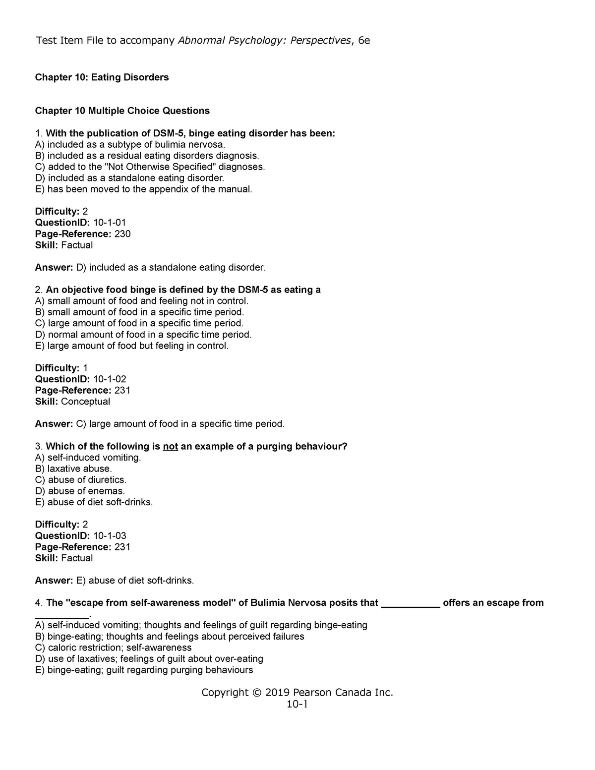 Chapter 10 Practice Study Questions Chapter 10 Eating Disorders