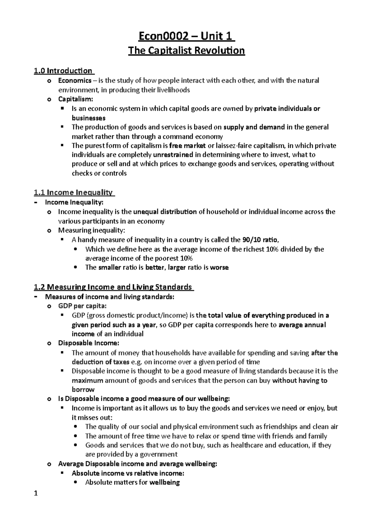 Econ0002 - Unit 01 Notes - Econ0002 – Unit 1 The Capitalist Revolution ...