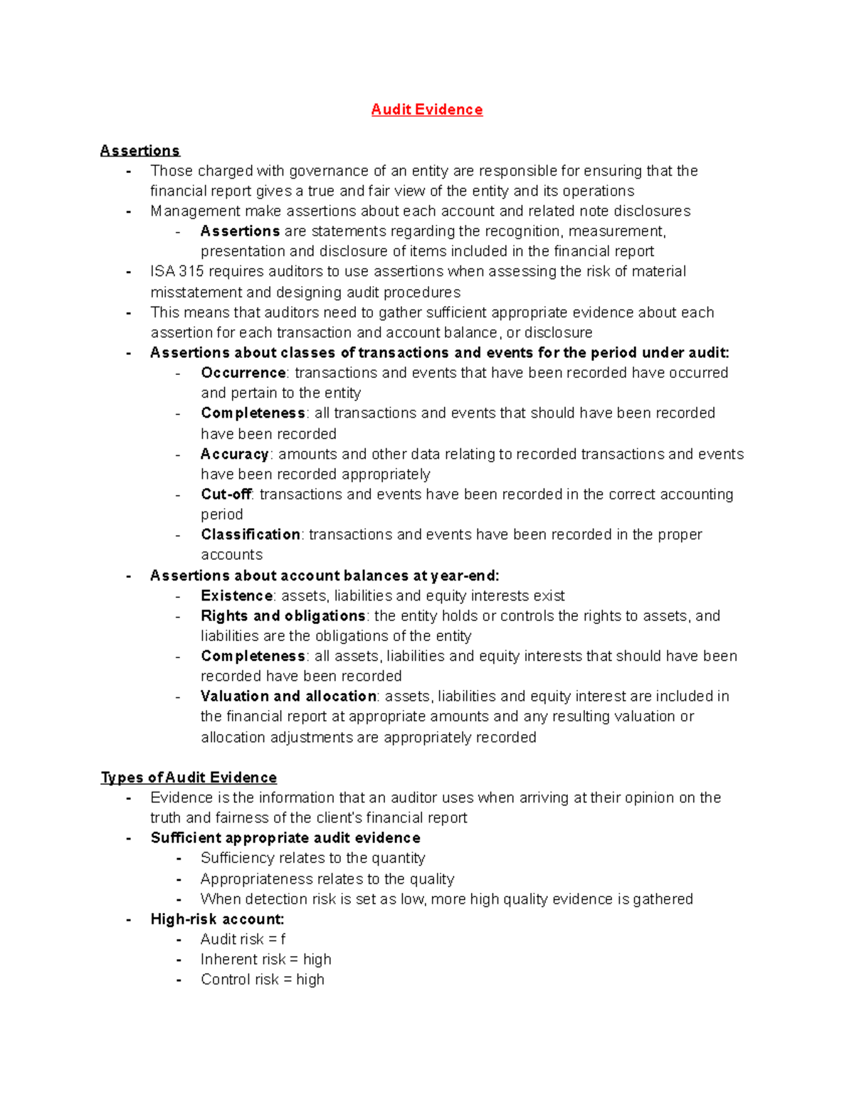 Auditing Wk 4 - Audit Evidence - Audit Evidence Assertions - Those ...