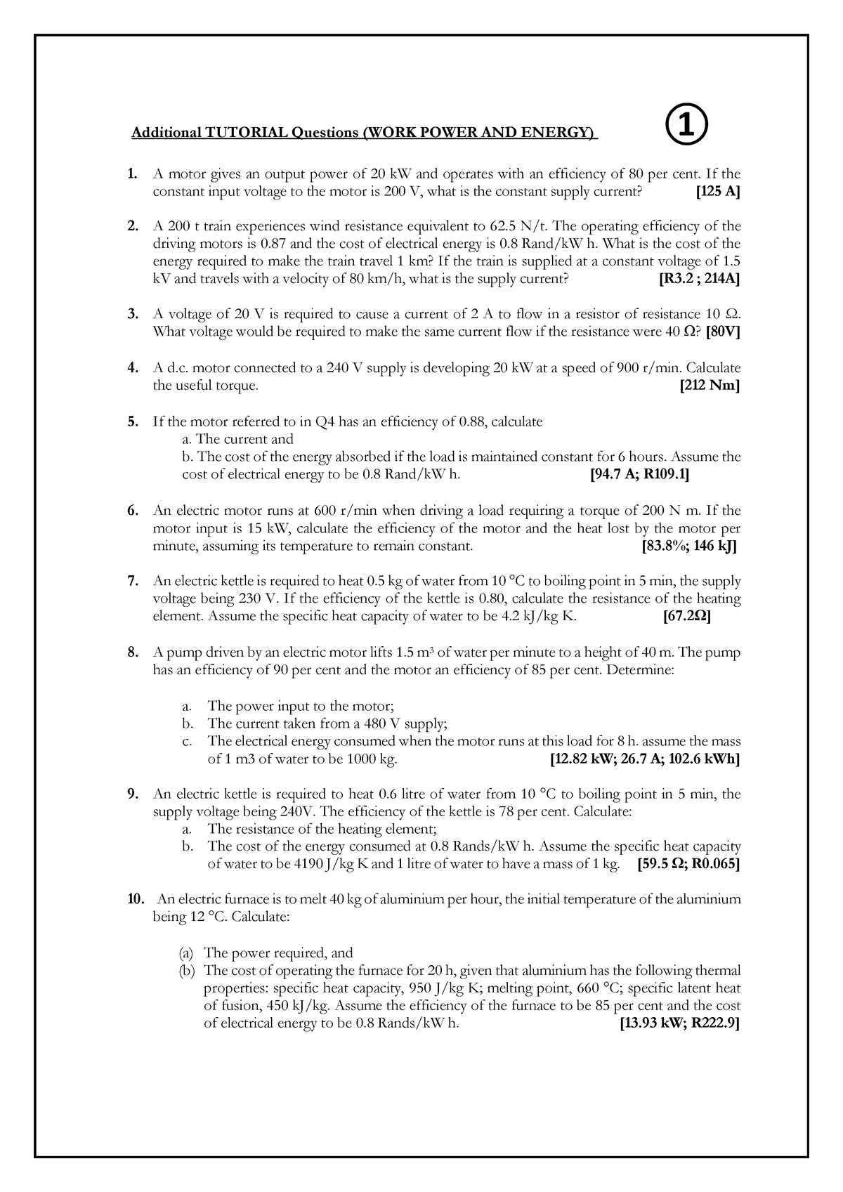 case study questions on work energy and power