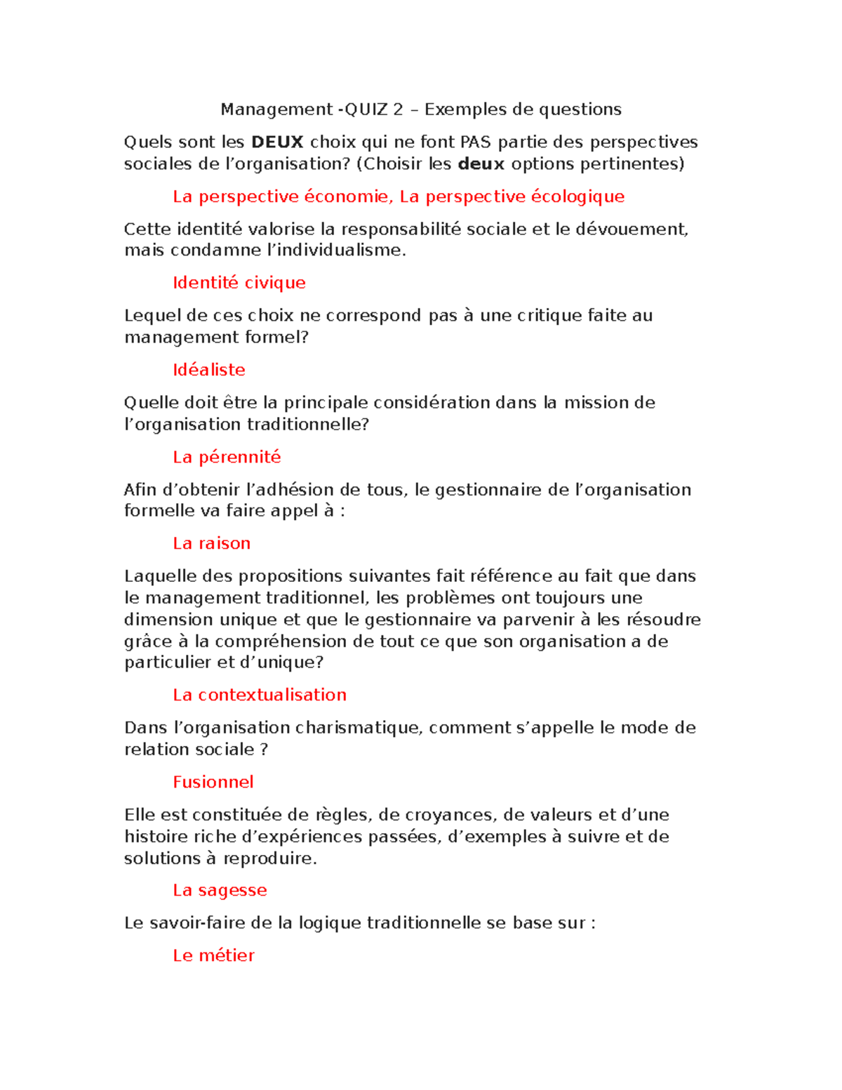 Management Quiz 2 - Exemples de questions - Management -QUIZ 2 ...