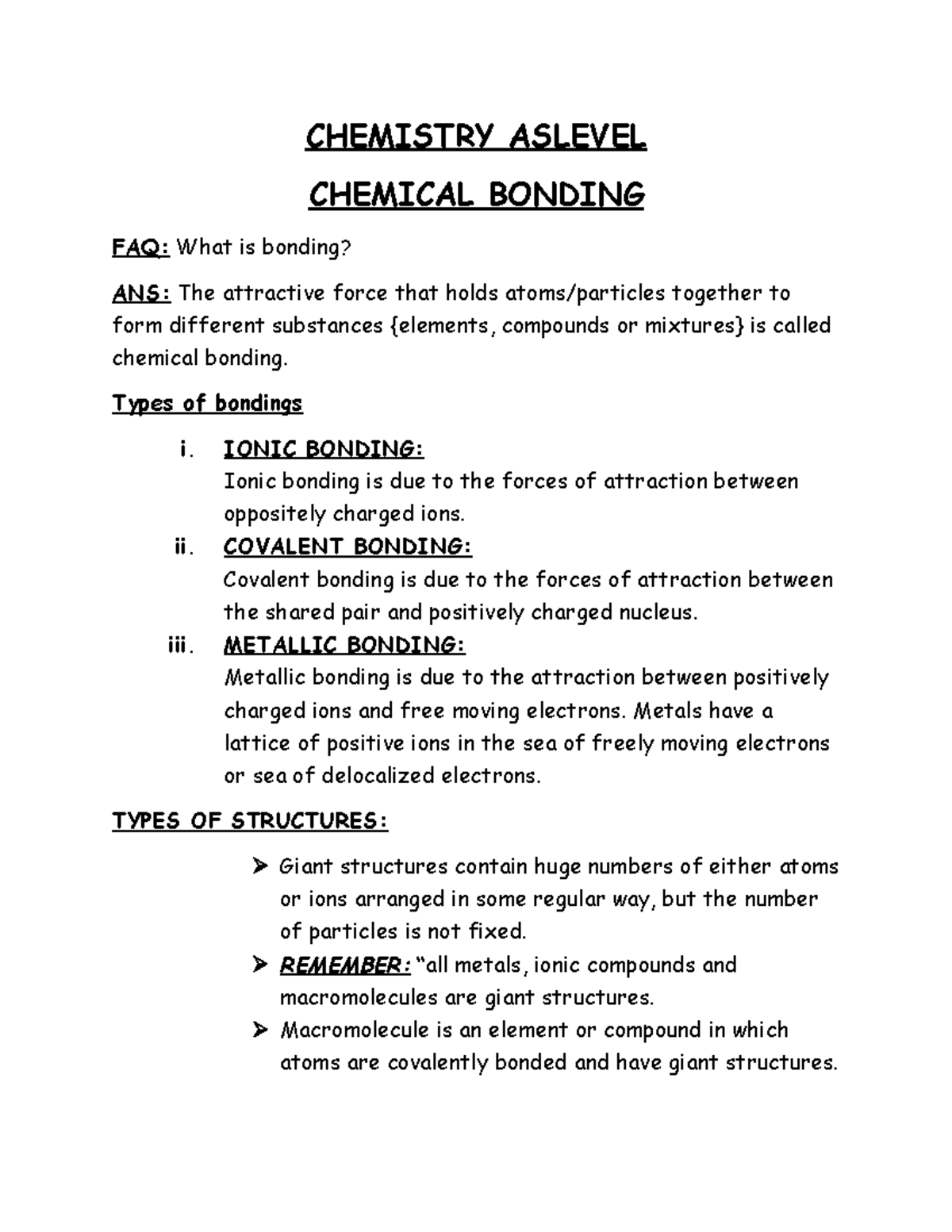 Chemistry Aslevel - helpful - CHEMISTRY ASLEVEL CHEMICAL BONDING FAQ ...