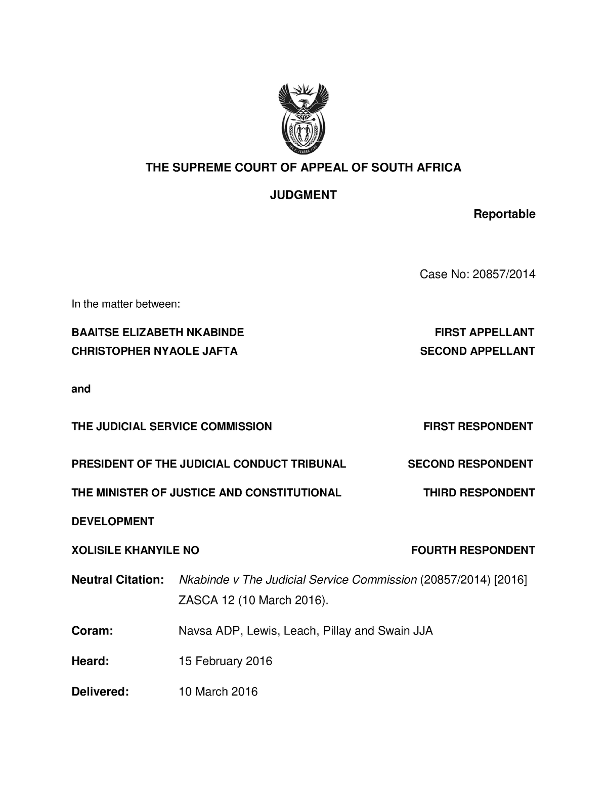 Nkabinde and Another v Judicial Service - THE SUPREME COURT OF APPEAL ...