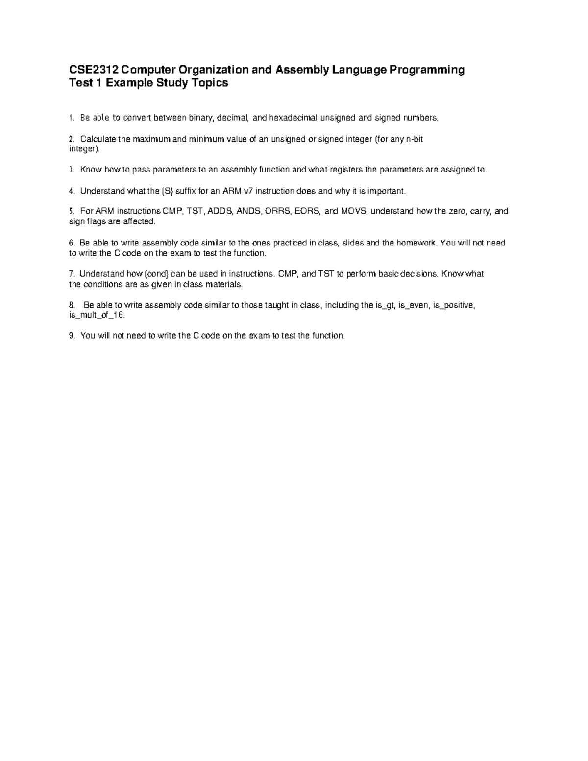 CSE2312 Test 1 Example Study Topics - CSE2312 Computer Organization and ...