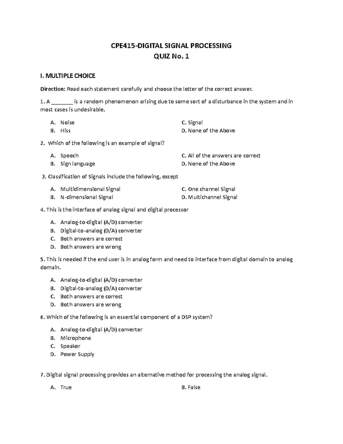 Digital Signal Processing Quiz 1 CPE415DIGITAL SIGNAL PROCESSING