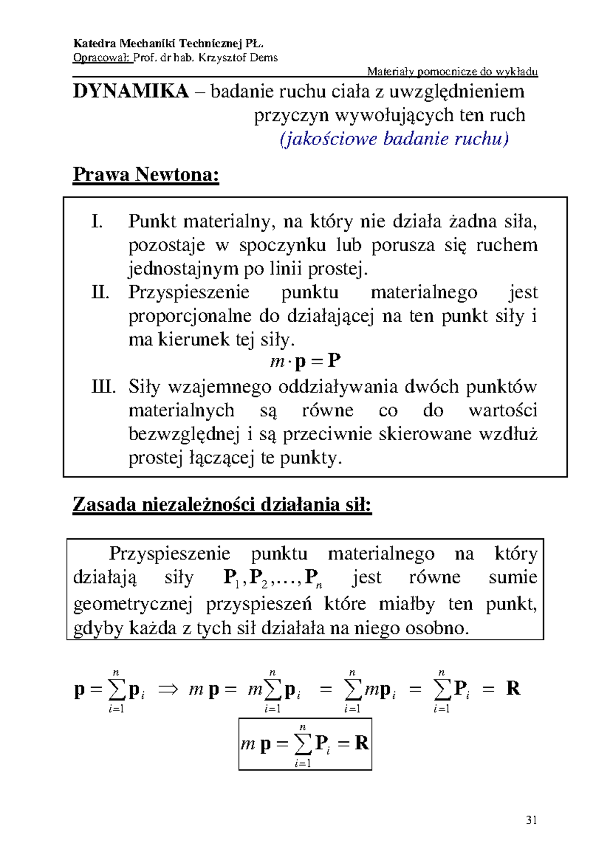 16-dynamika 1 - Notatki Z Wykładu 15 - Katedra Mechaniki Technicznej ...