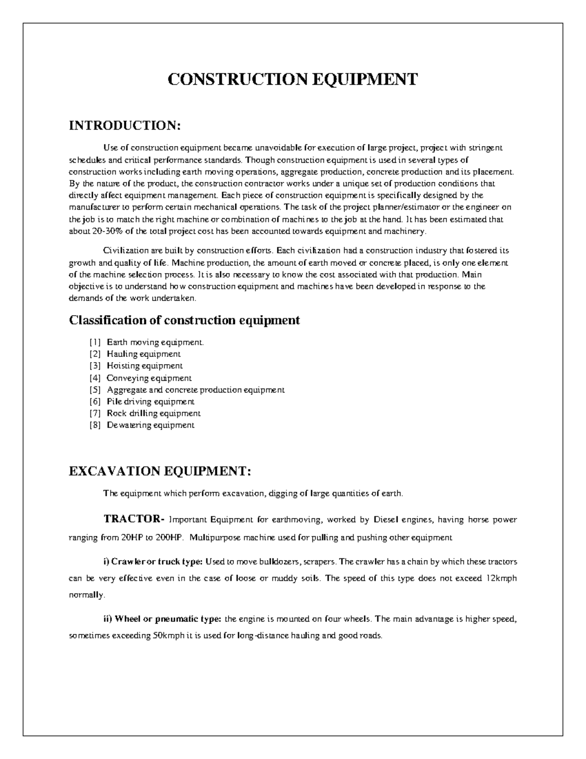 CEM NOTES ON CONSTRUCTION EQUIPMENT CONSTRUCTION EQUIPMENT