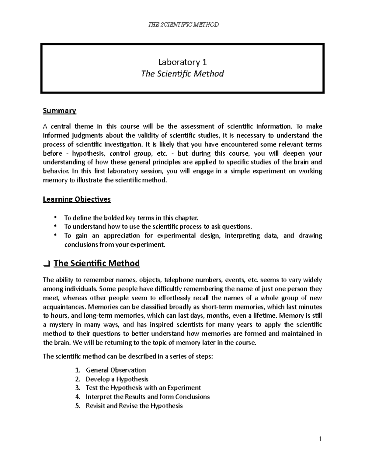 1-scientific method F21 - Laboratory 1 The Scienûc Method Summary A ...