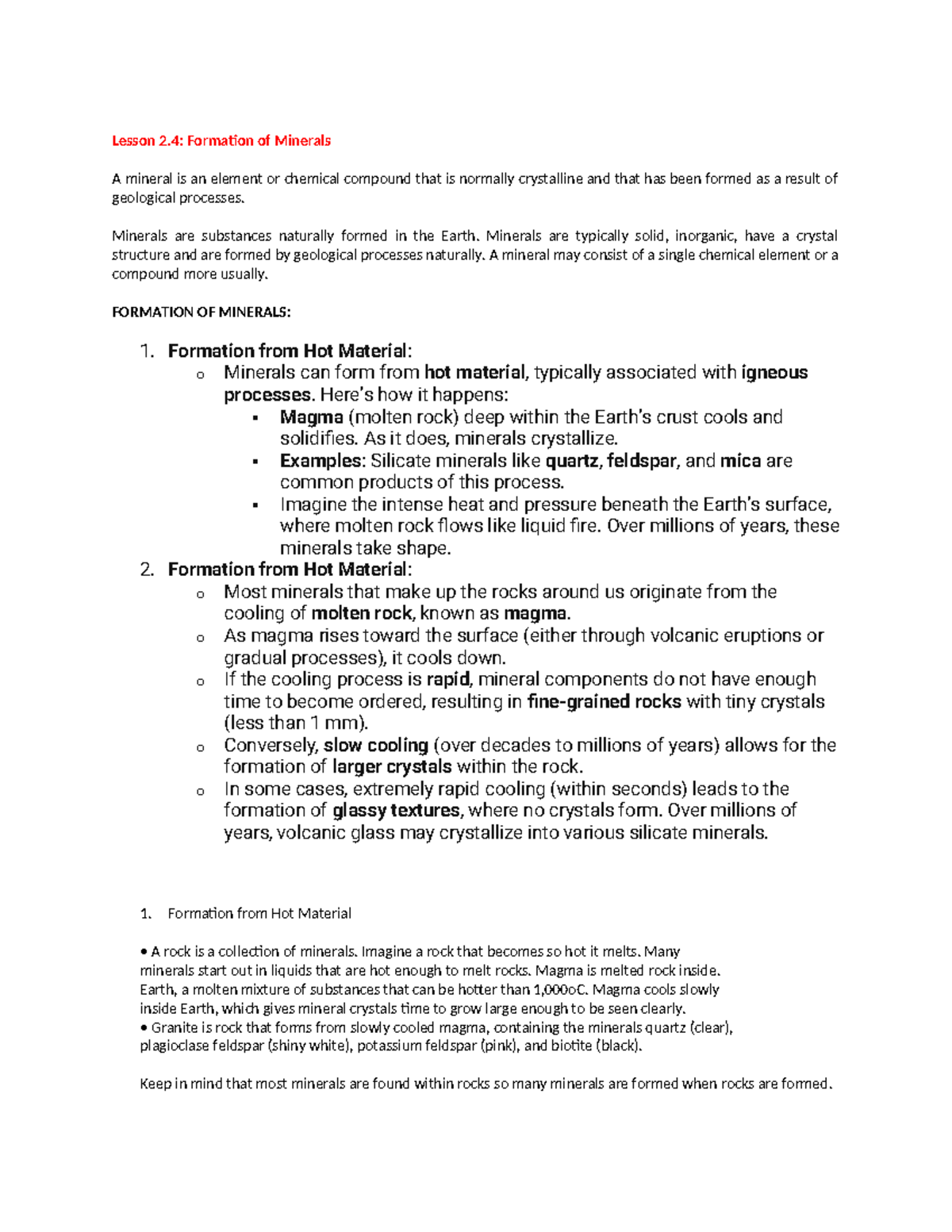 Formation of minerals final 2 - Lesson 2: Formation of Minerals A ...