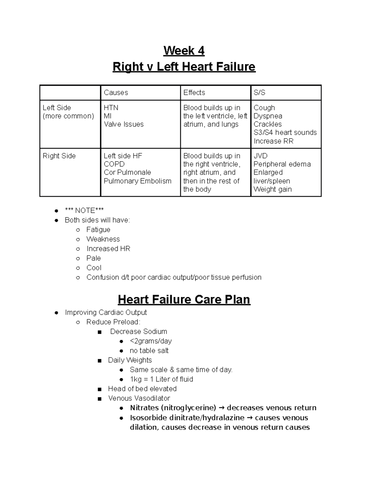 HF notes - Week 4 Right v Left Heart Failure Causes Effects S/S Left ...