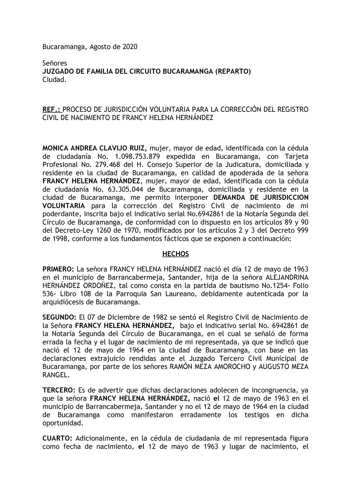 Demanda- Proceso Jurisdiccion Voluntaria - Bucaramanga, Agosto de 2020  Señores JUZGADO DE FAMILIA - Studocu