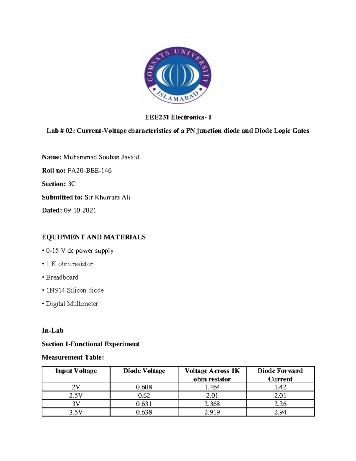 EEE231 Electronics-1 Lab report 2, FA20-BEE-3C-146 - Electronics I ...