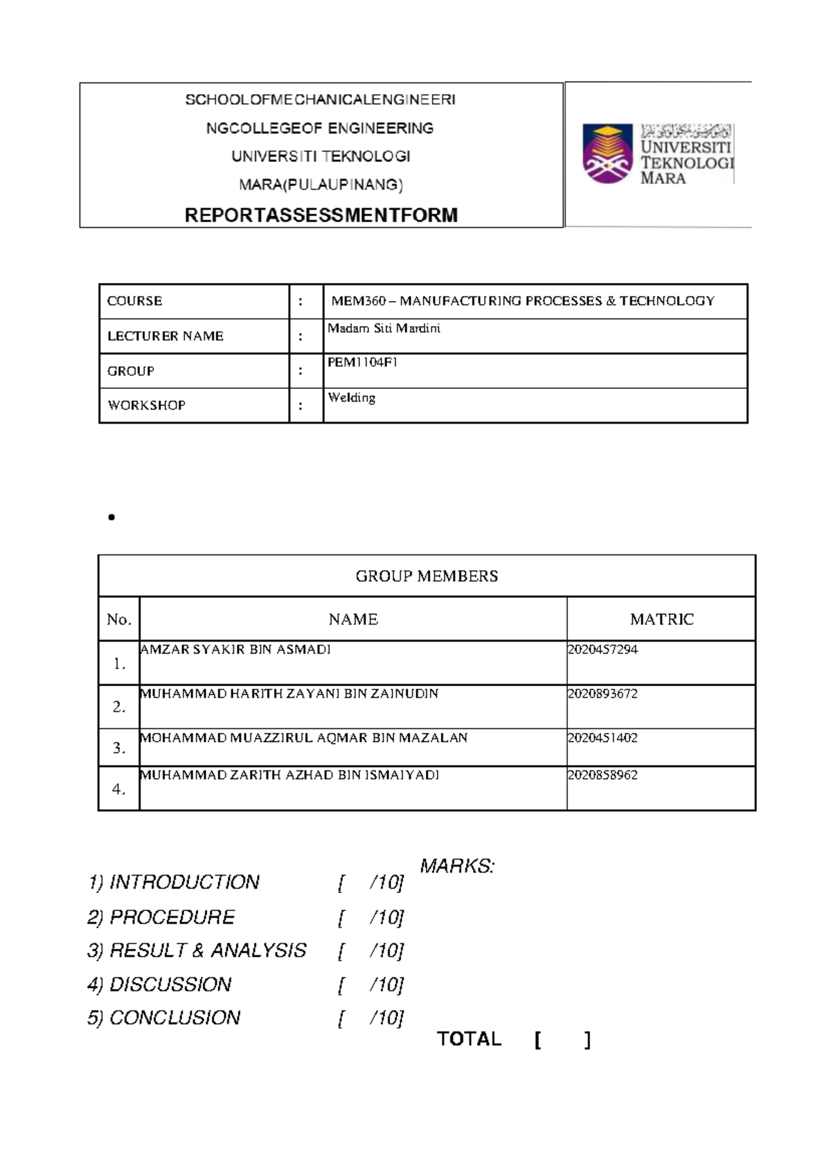 MEM360LAB Report Welding PEM1104F1 Group 1 COURSE MEM360