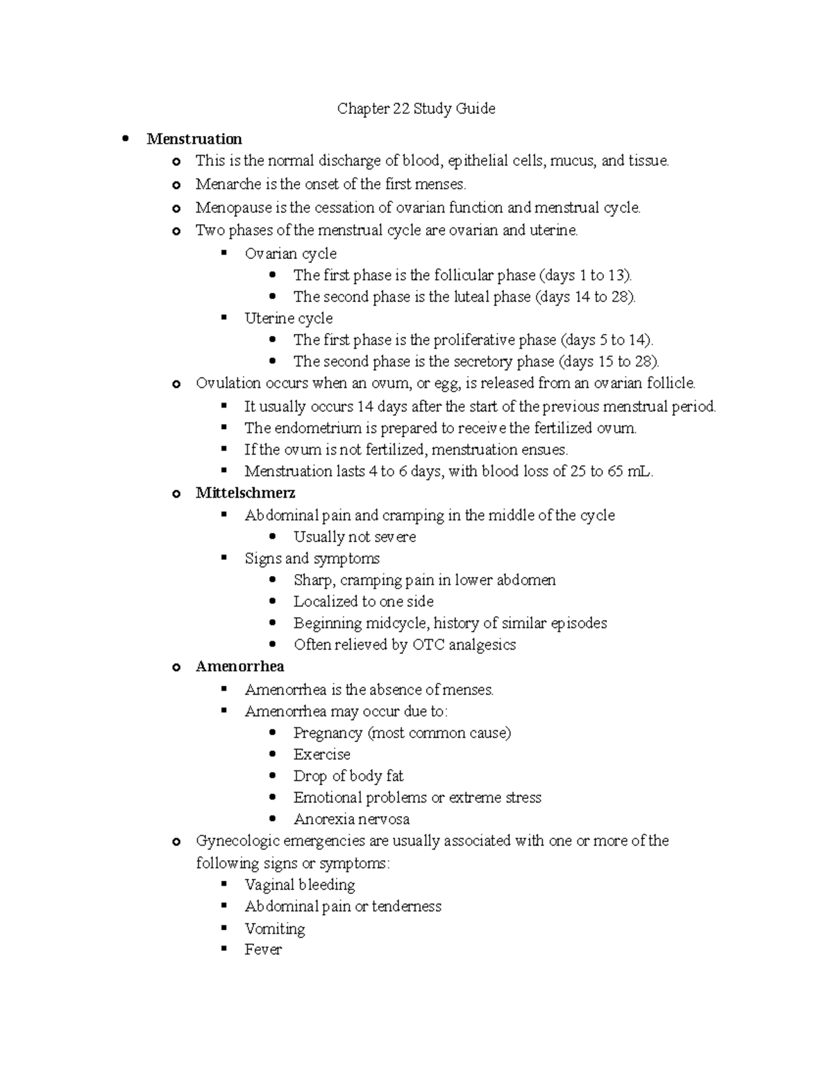 Chapter 22 Study Guide - Chapter 22 Study Guide Menstruation o This is ...