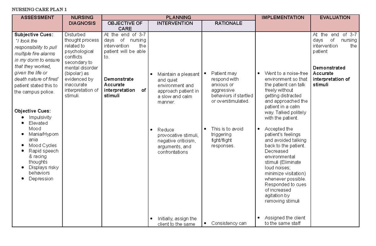 Bipolar Nursing Care Plan Assessment Nursing Diagnosis Planning