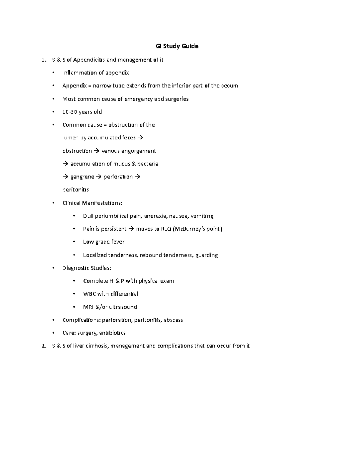 Gastrointestinal Study Guide - GI Study Guide S & S Of Appendicitis And ...