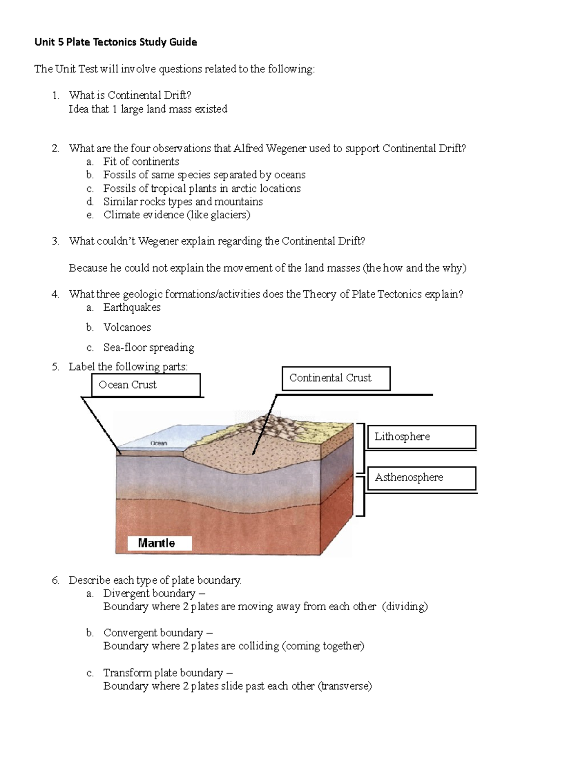 Copy of Unit 5 Plate tectonics study guide answer guide Unit 5 Plate