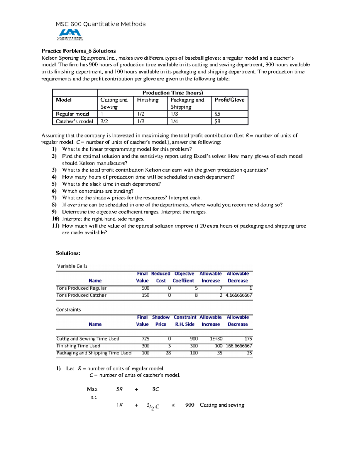 Chapter 7 Linear Programming Solutions - MSC 600 Quantitative Methods  Practice Porblems_8 Solutions - Studocu