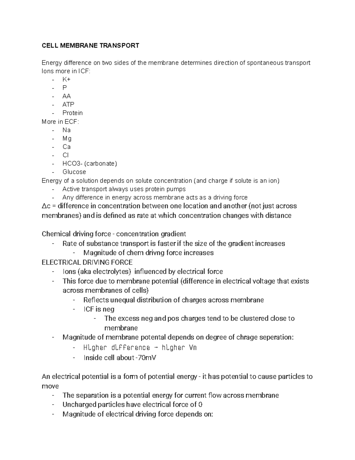 Physiology notes Exam 2 - CELL MEMBRANE TRANSPORT Energy difference on ...