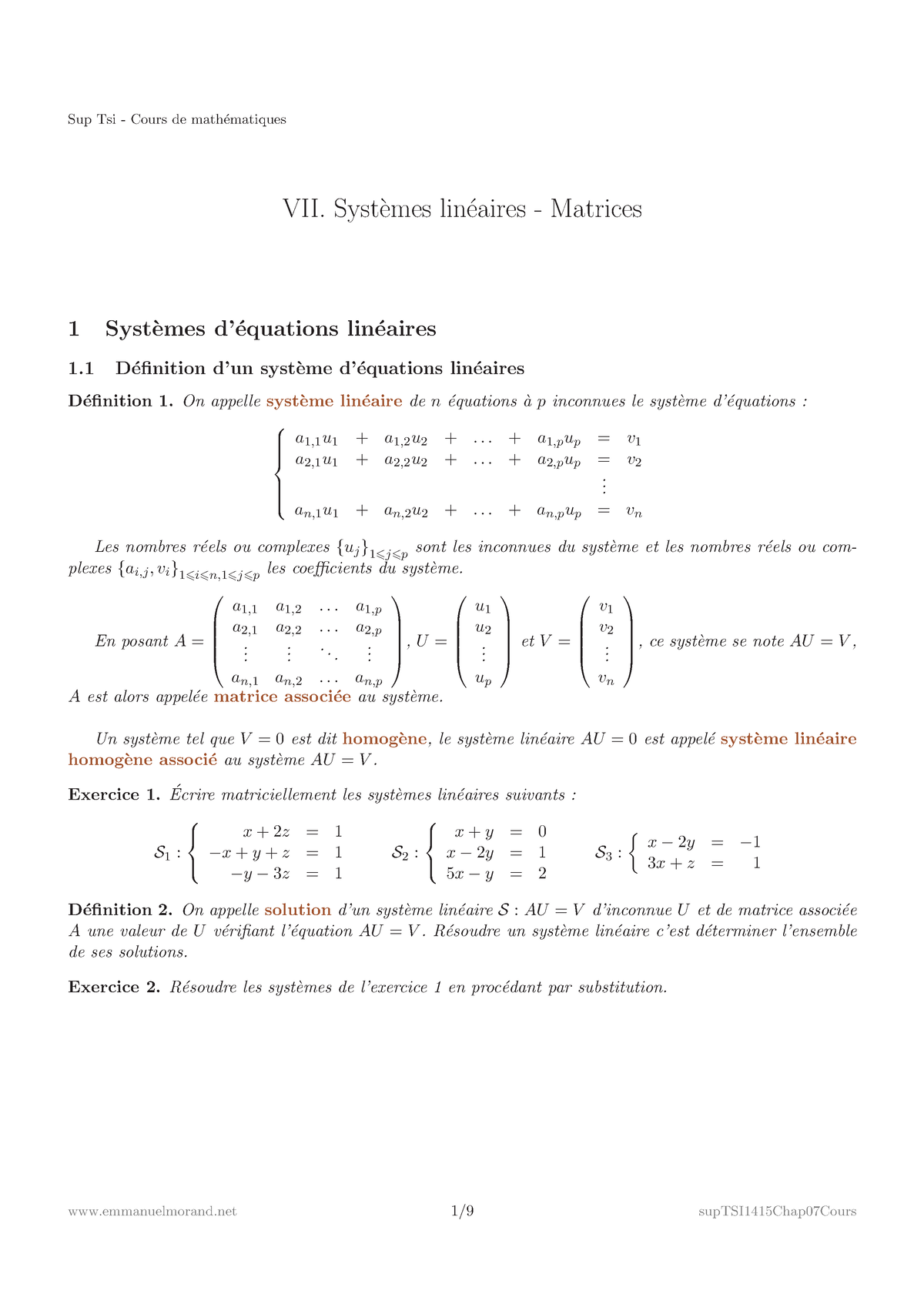 Cours Systemes Lineaires Matrices - Sup Tsi - Cours De Math ́ematiques ...