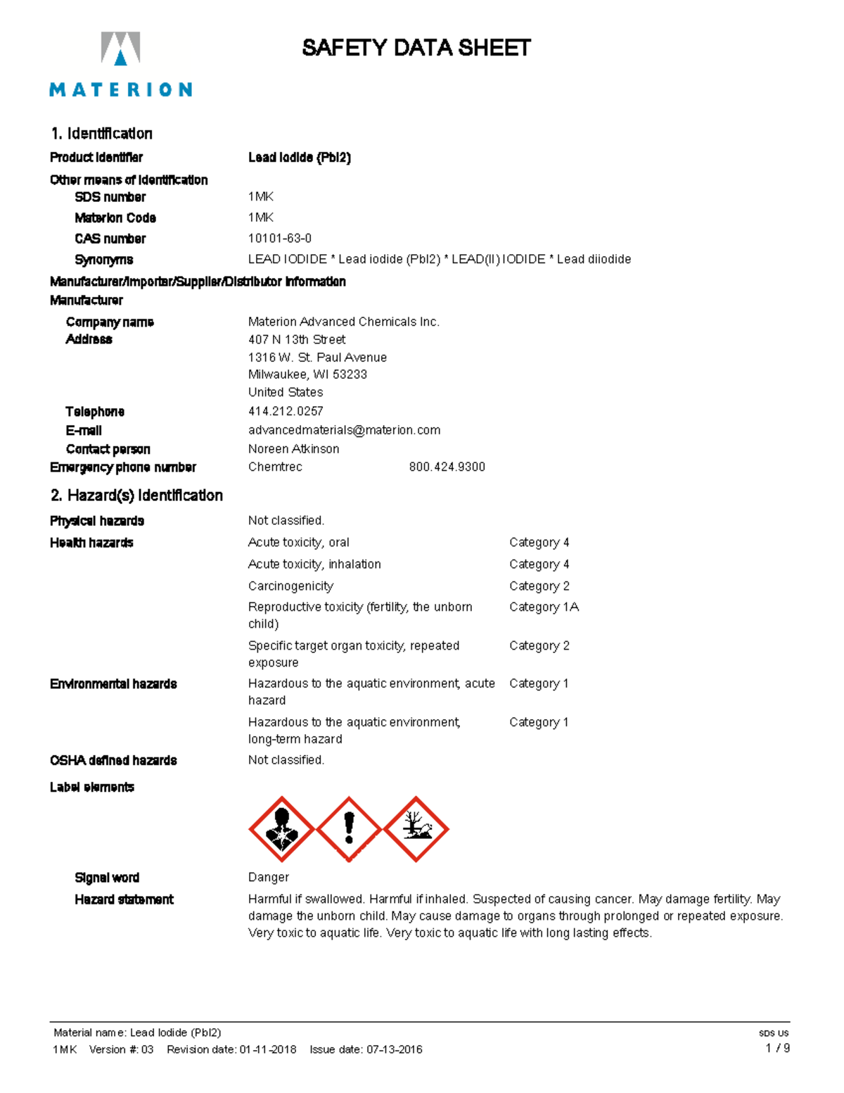 1MK LEAD Iodide (PBI2) SDSUS English SAFETY DATA SHEET 1. Identification Product identifier