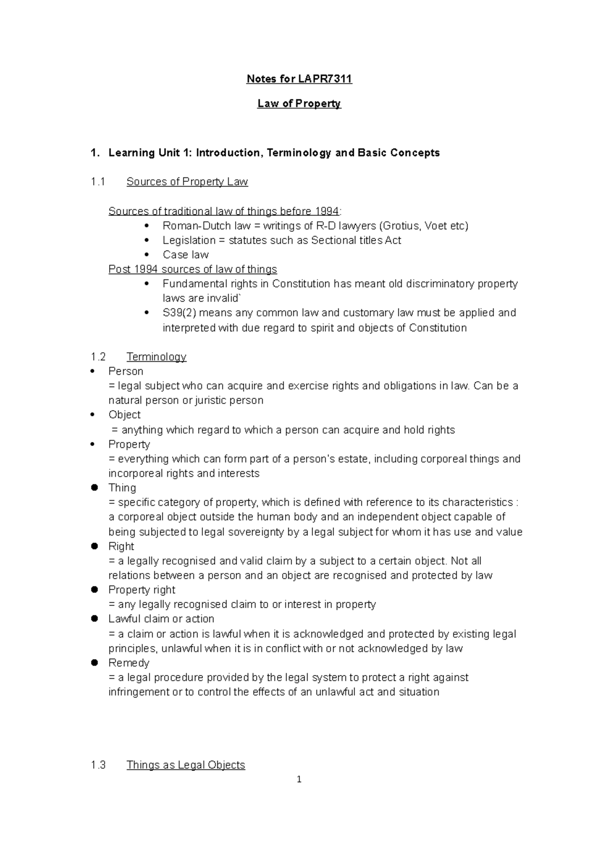 Notes for LAPR7311 LU 1 - Summary of the Law of Property module ...