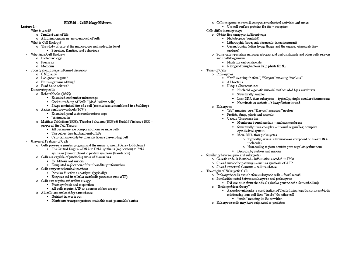 Biob10 Midterm 1 - BIOB10 – Cell Biology Midterm Lecture 1 – What Is A ...