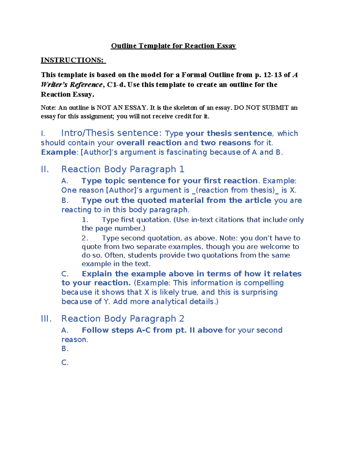 Outline Template for Reaction Essay ENG 101H - Outline Template for ...