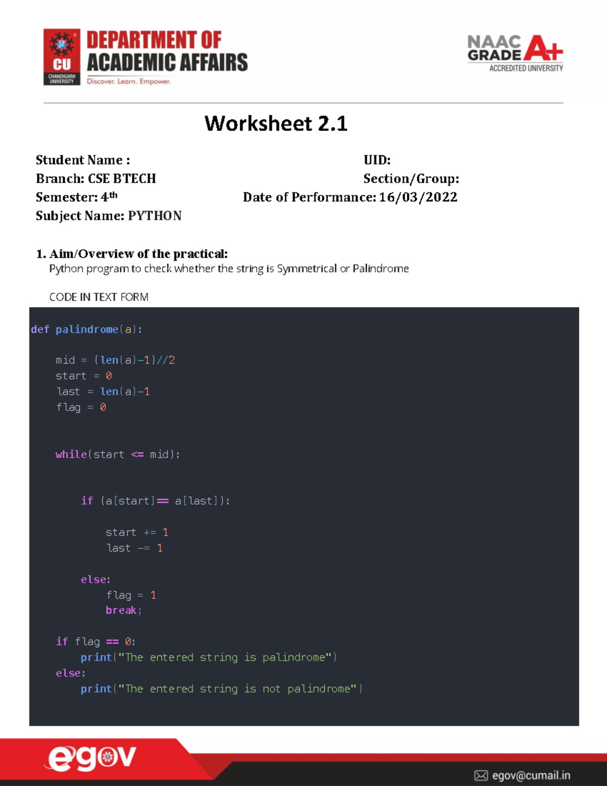 Python 2.1 ALL - Worksheet 2. Student Name : UID: Branch: CSE BTECH ...