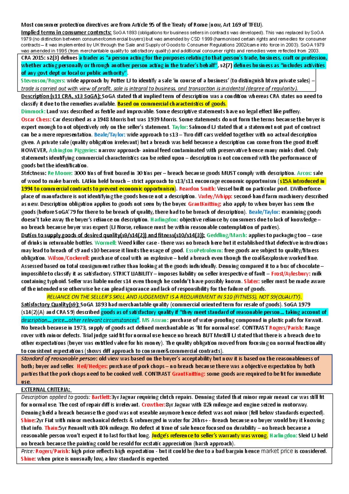 A4 Sheet - Summary Private Law of Consumer Protection - Most consumer ...