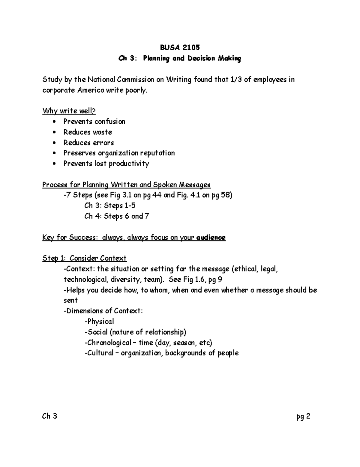 BUSA 2105 Ch 3 Notes Planning and Decision Making BUSA 2105 Ch 3