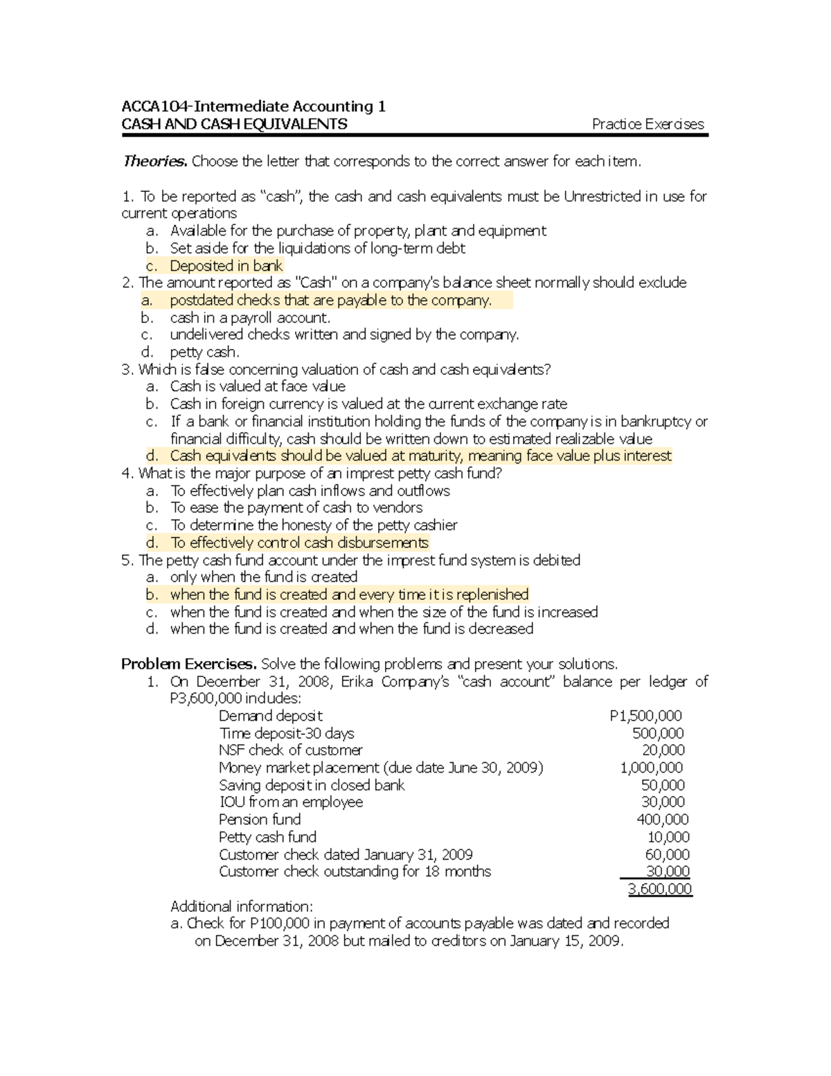 CASH AND CASH Equivalent Practice Exercises Student - ACCA104 ...