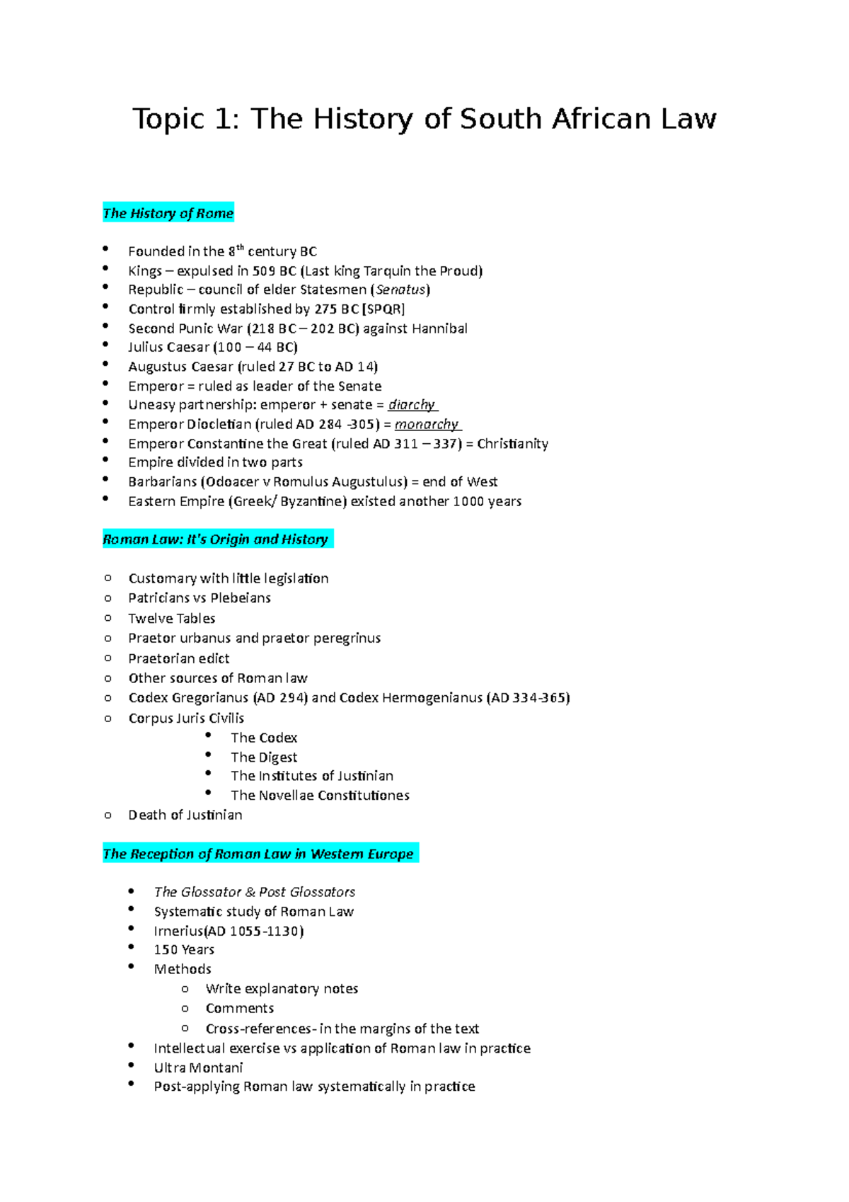 Topic 1 - Summary Notes - Topic 1: The History of South African Law The ...