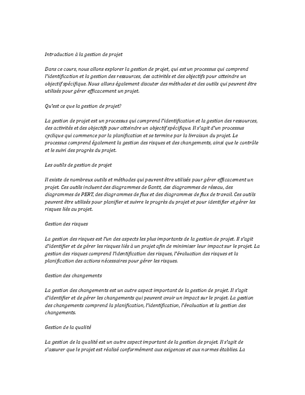 Project Management note study - Introduction à la gestion de projet ...